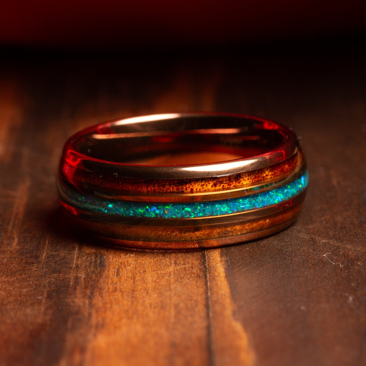 Men’s Hawaiian koa blue green opal ring with polished rose gold