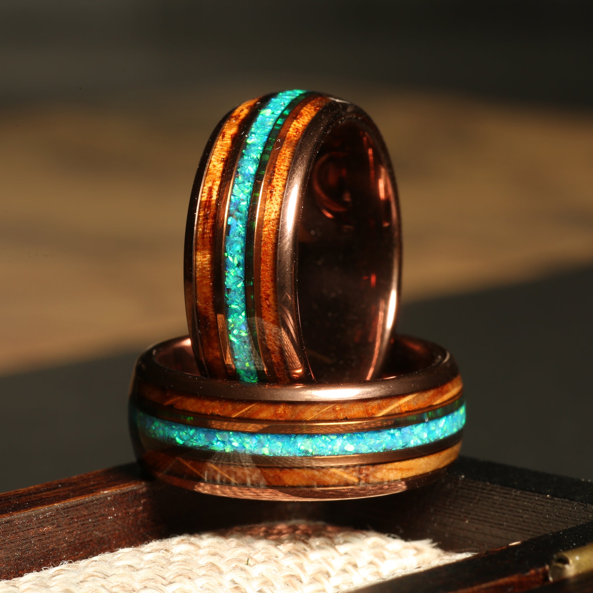 Koa Wood Blue Green Opal Wedding Band for Men | 8mm Rose Gold Tungsten Ring