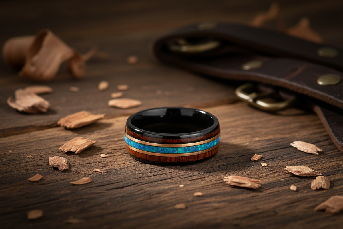 Men’s koa wood blue opal tungsten ring with rose gold detail