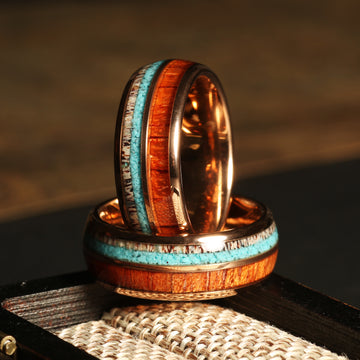 Koa Wood Deer Antler Turquoise Wedding Band for Men | 8mm Rose Gold Tungsten Ring 1