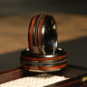 Koa Wood Guitar String Wedding Band for Men | 8mm Silver Tungsten Ring 1