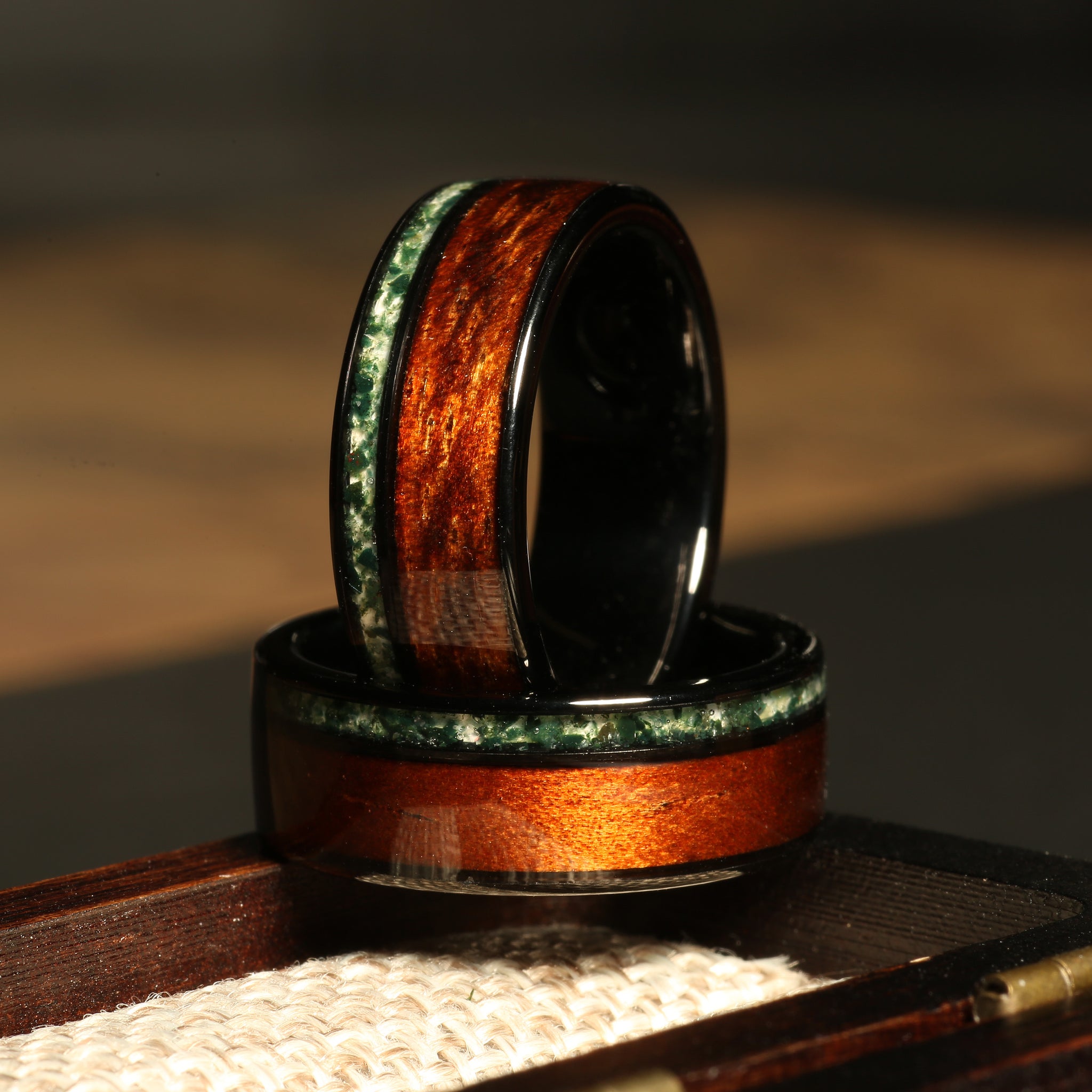 Koa Wood Moss Agate Wedding Band for Men | 8mm Black Tungsten Ring