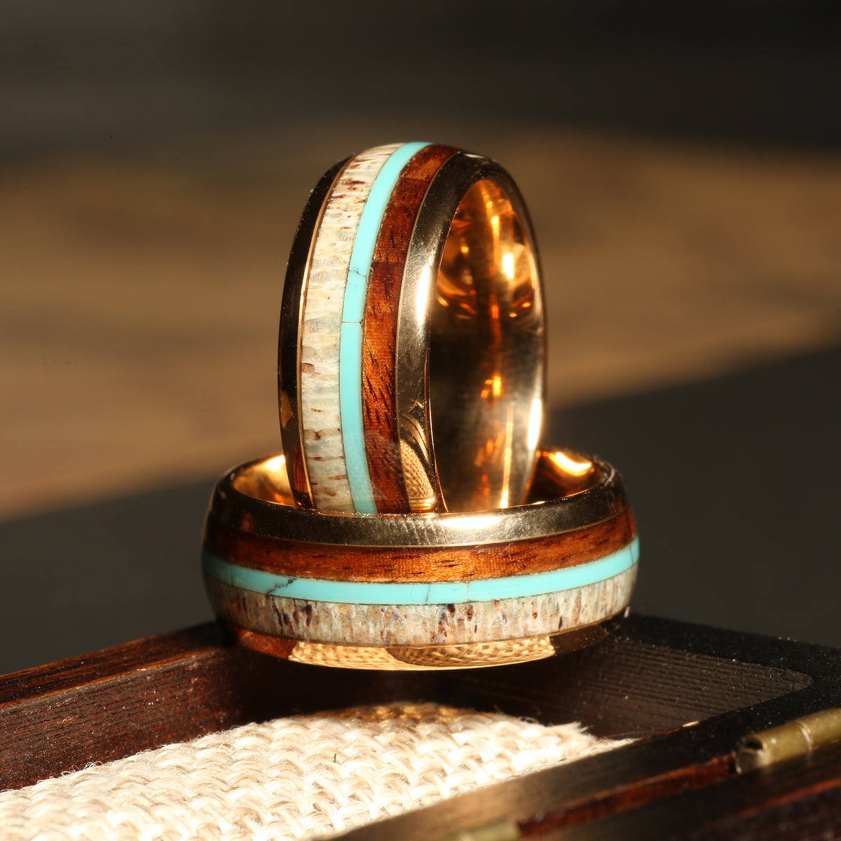 Men’s koa wood turquoise deer antler wedding band with rose gold tungsten