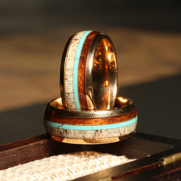 Koa Wood Turquoise Deer Antler Wedding Band for Men | 8mm Rose Gold Tungsten Ring 1