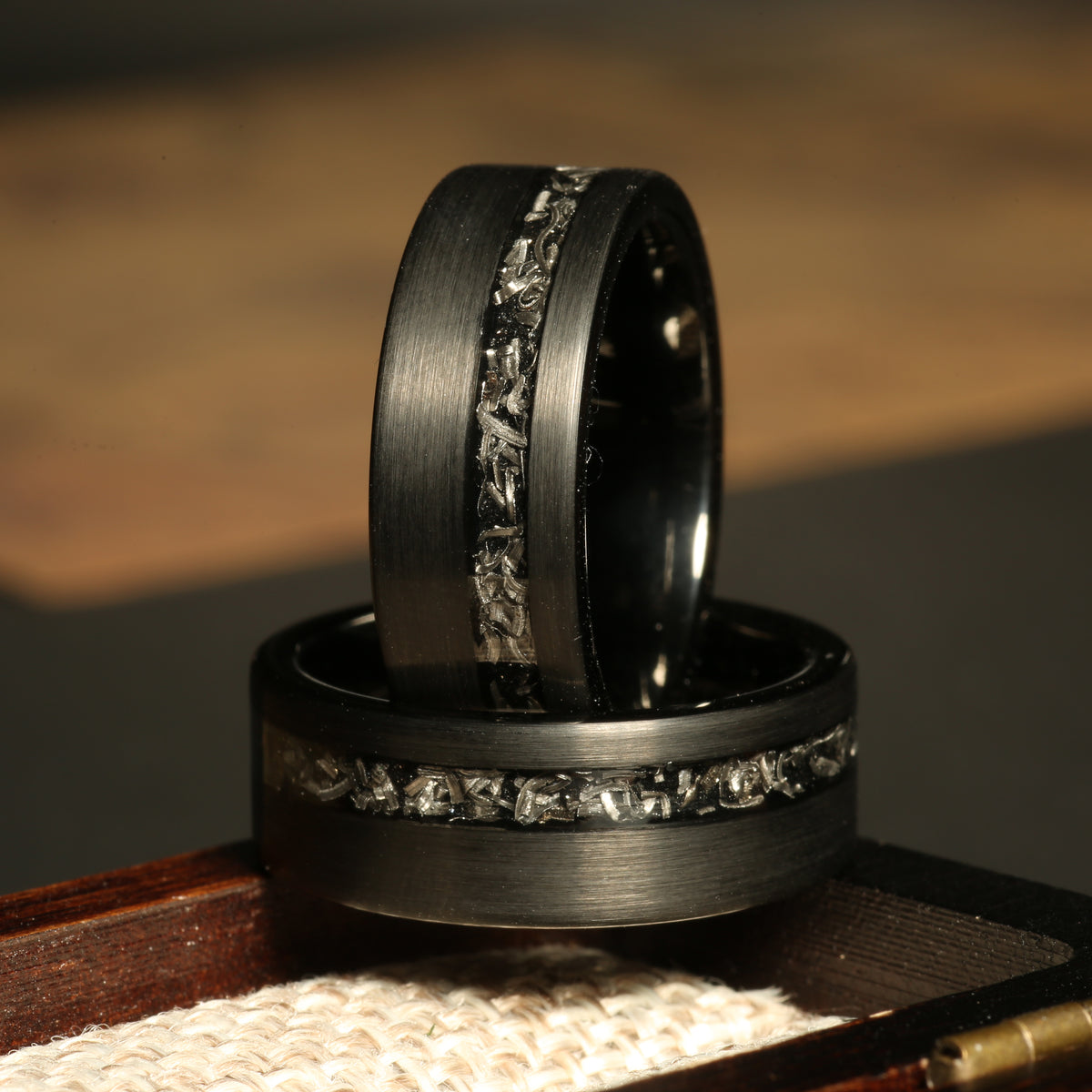 Men’s matte black meteorite ring with refined brushed finish