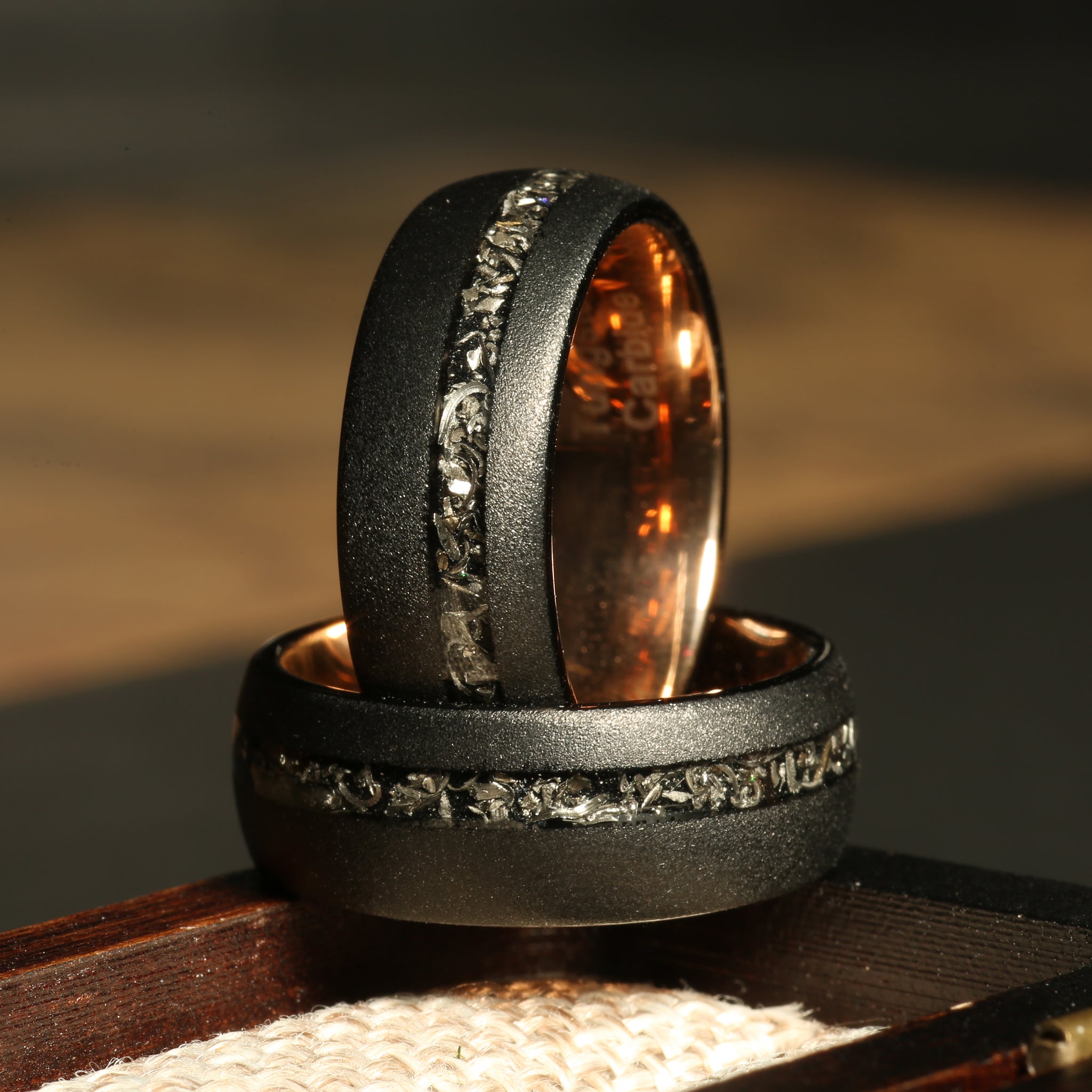 Meteorite Wedding Band for Men | 8mm Black Rose Gold Tungsten Ring