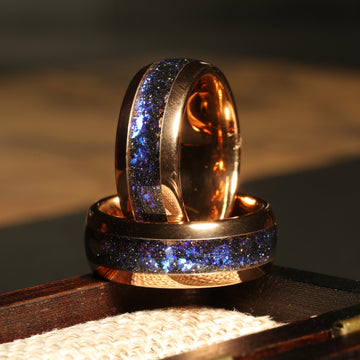 Meteorite Blue Opal Milky Way Wedding Band for Men | 8mm Rose Gold Tungsten Ring 1
