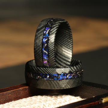 Meteorite Blue Sandstone Damascus Steel Wedding Band for Men | 8mm Ring 1