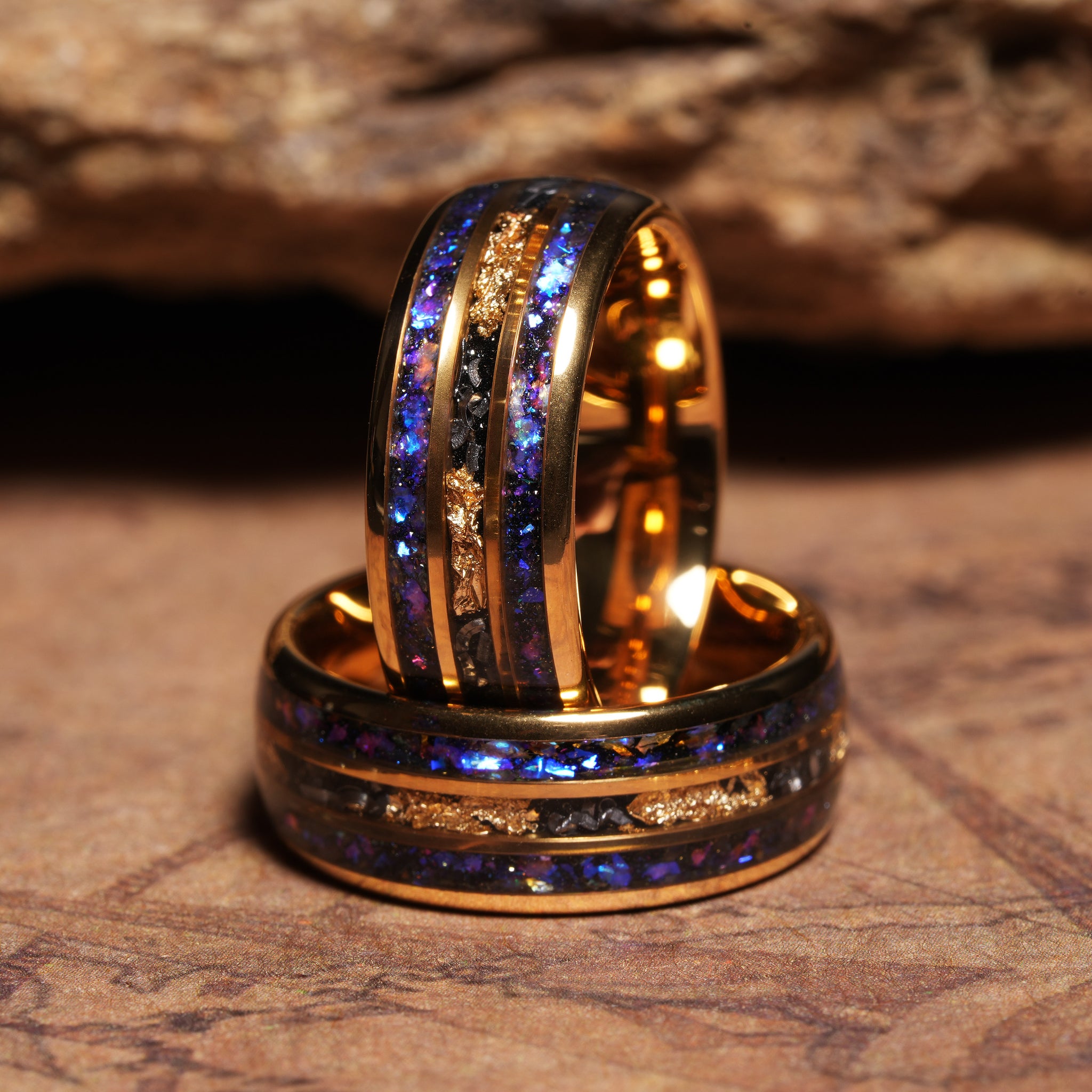 Meteorite Gold Leaf Blue Sandstone Wedding Band for Men | 8mm Yellow Gold Tungsten Ring
