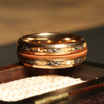 Meteorite Gold Leaf Guitar String Wedding Band for Men | 8mm Rose Gold Tungsten Ring 1