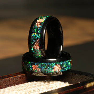 8mm Meteorite & Gold Leaf & Rose Gold Tungsten Wedding Band for Men, Rare Material Comfort Fit Ring, Verdant Tide Design 1