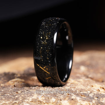 Meteorite Gold Sandstone Wedding Band for Men | 8mm Domed Black Tungsten Ring 1