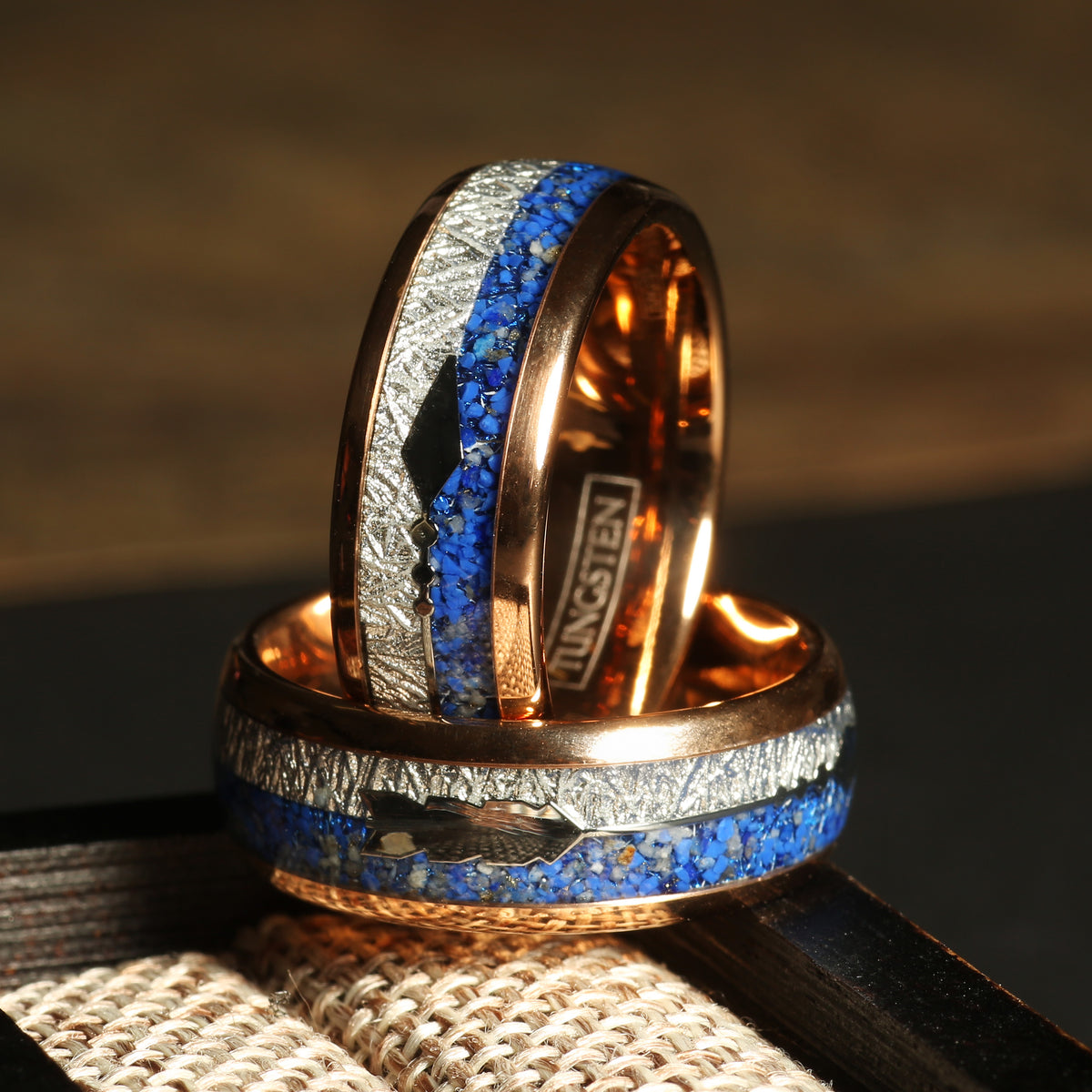 Men’s meteorite lapis lazuli wedding band with rose gold tungsten