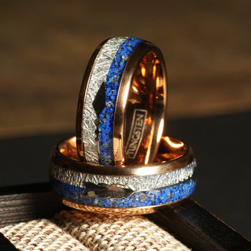 Meteorite Lapis Lazuli Wedding Band for Men | 8mm Rose Gold Tungsten Ring 1