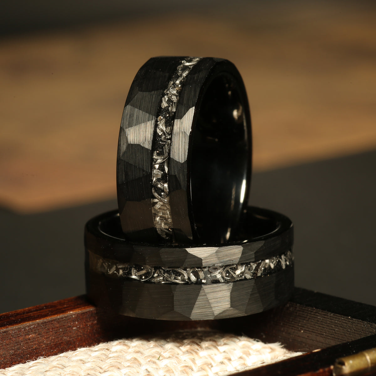 Men’s meteorite ring with faceted hammered black tungsten