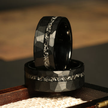 Meteorite Ring for Men | 8mm Faceted Black Tungsten Wedding Band 1