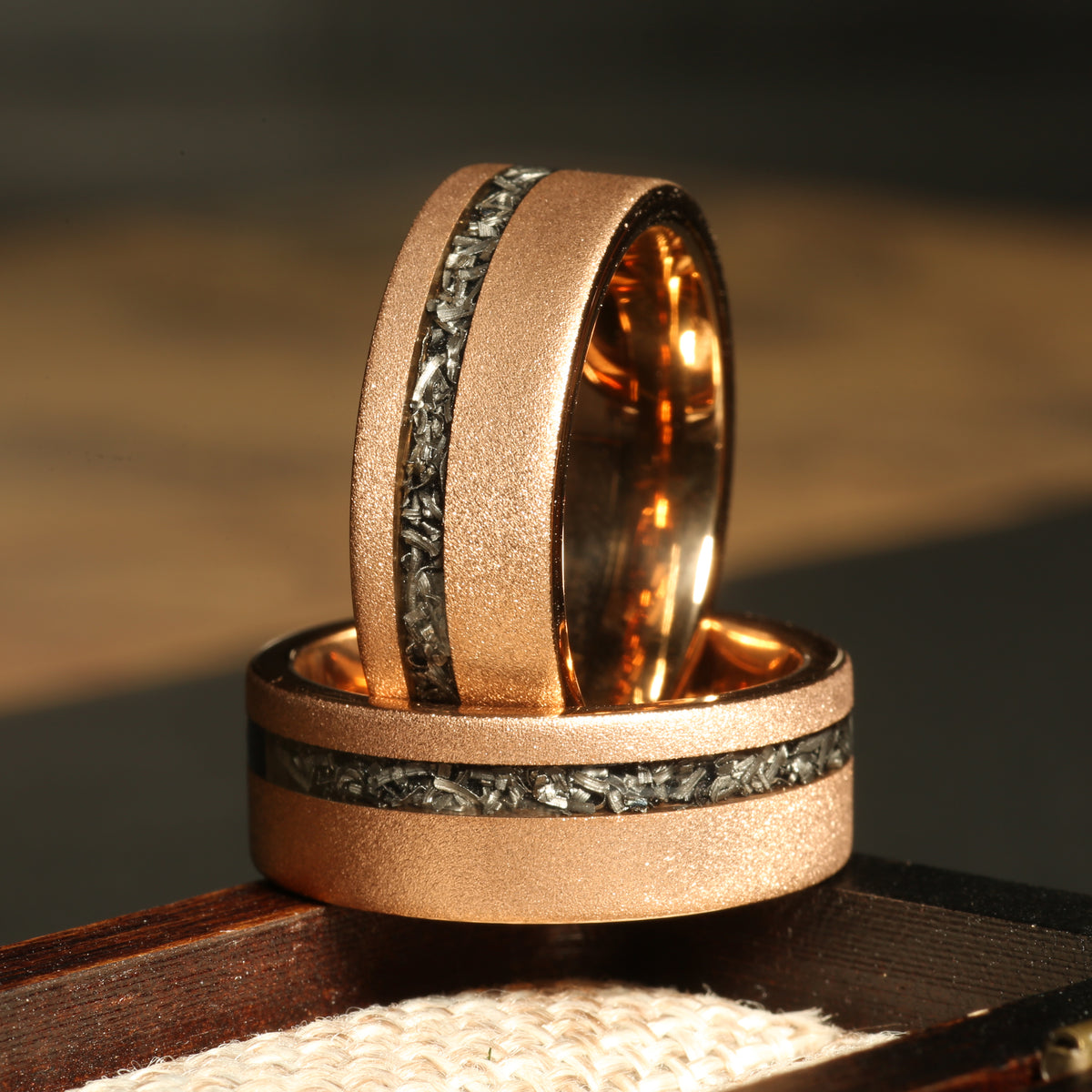 Men’s meteorite rose gold wedding band with tungsten