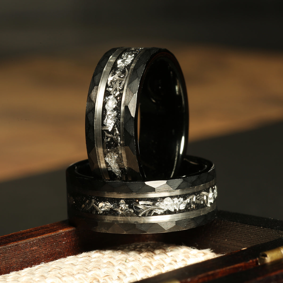 Men’s meteorite silver leaf wedding band with black hammered tungsten