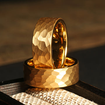 Minimalist Gold Wedding Band for Men | 8mm Hammered Tungsten Ring 1