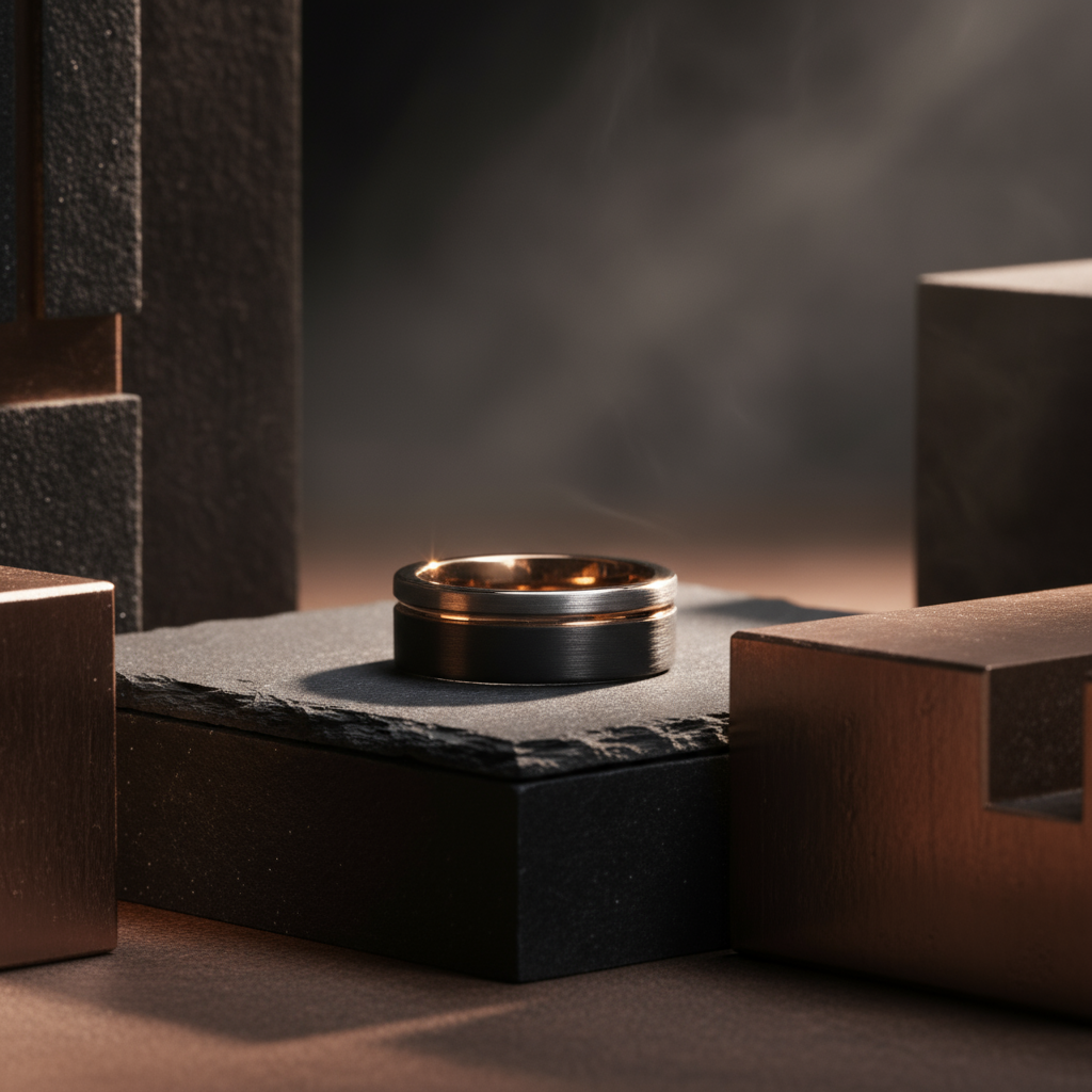 Men’s modern rose gold strip ring with black brushed finish