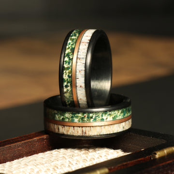 Moss Agate Deer Antler Wedding Band for Men | 8mm Rose Gold Tungsten Ring 1