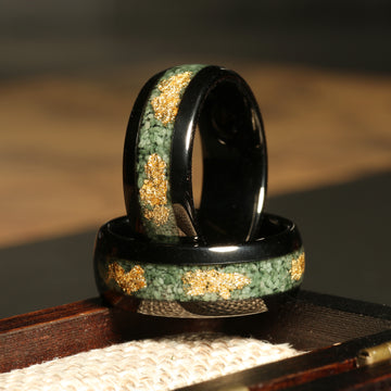Moss Agate Gold Leaf Wedding Band for Men | 8mm Black Tungsten Ring 1