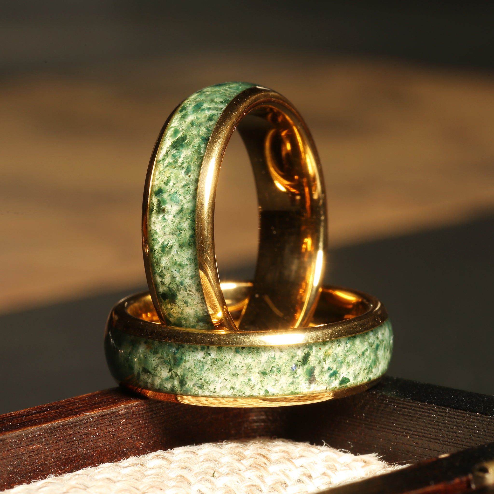 Moss Agate Gold Tungsten Ring for Men | 6mm Wedding Band