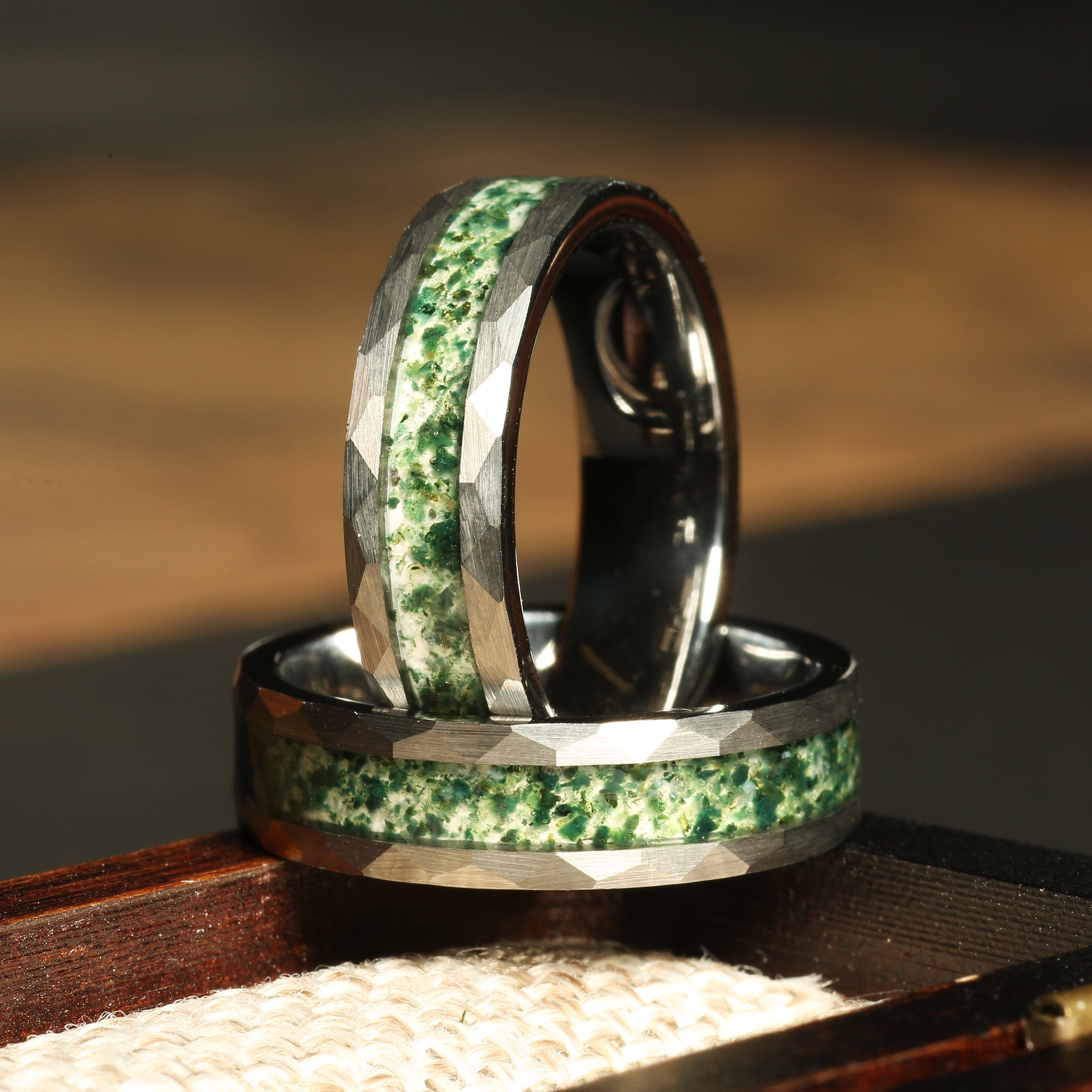 Moss Agate Nature Ring for Men | 6mm Silver Hammered Tungsten Band
