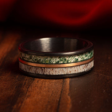 Moss Agate Deer Antler Wedding Band for Men | 8mm Rose Gold Tungsten Ring 7