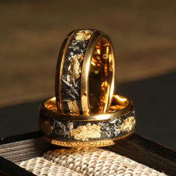 Obsidian Meteorite Gold Leaf Wedding Band for Men | 8mm Yellow Gold Tungsten Ring 1