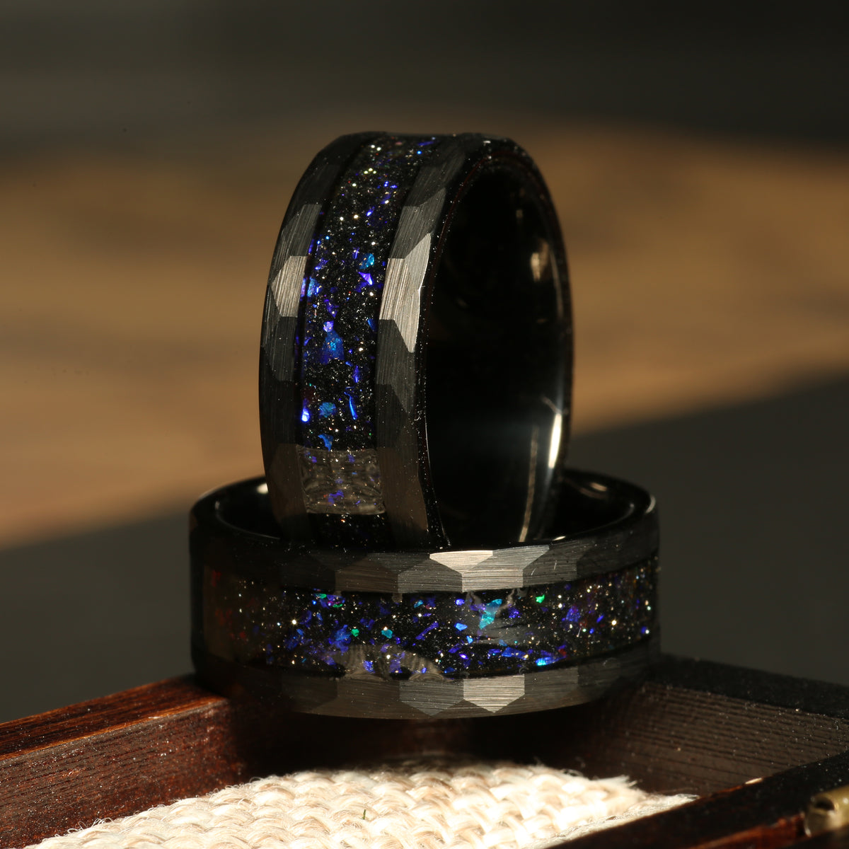 Men’s Orion blue sandstone wedding band with black hammered tungsten