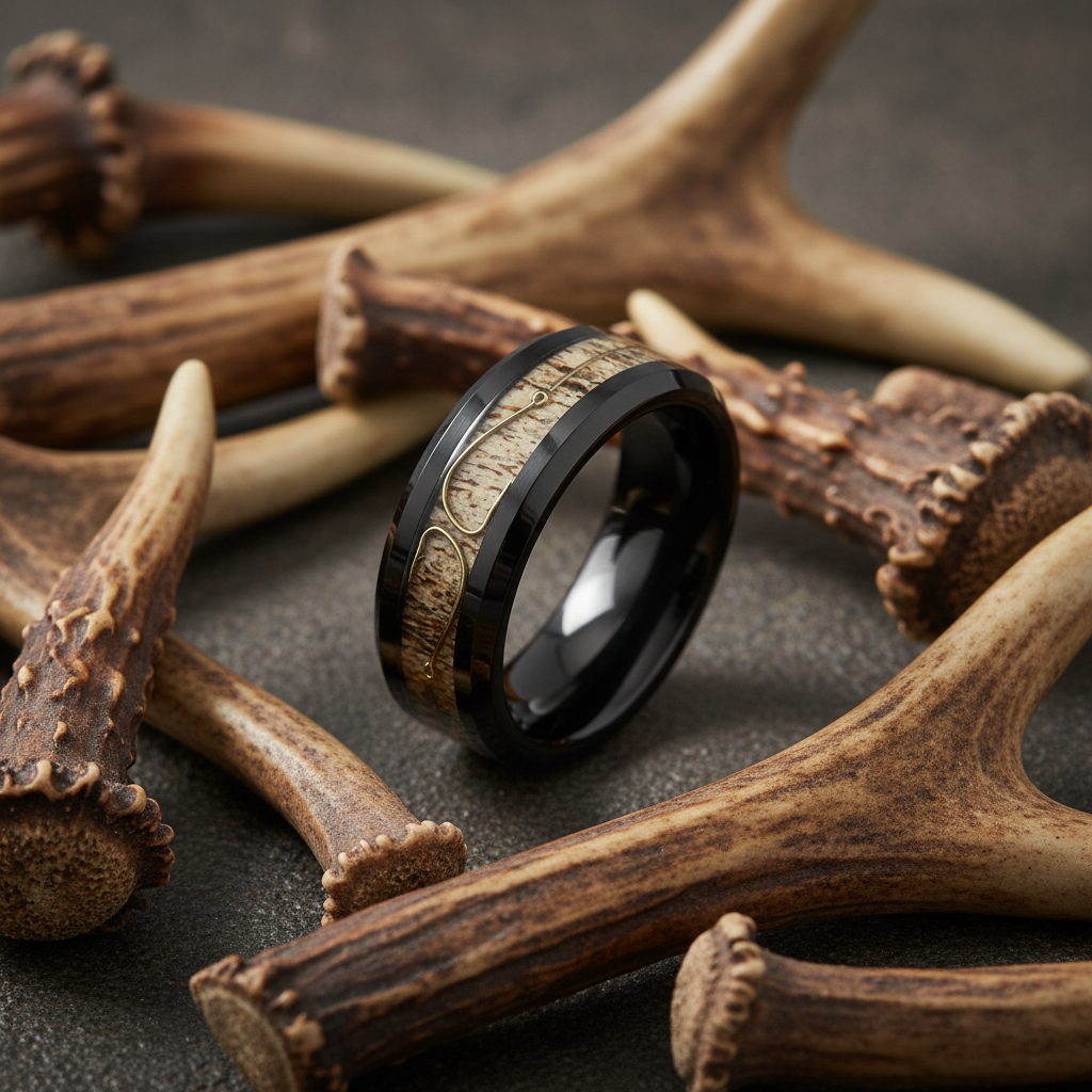 Men’s outdoor fishing hook wedding ring with authentic deer antler inlay