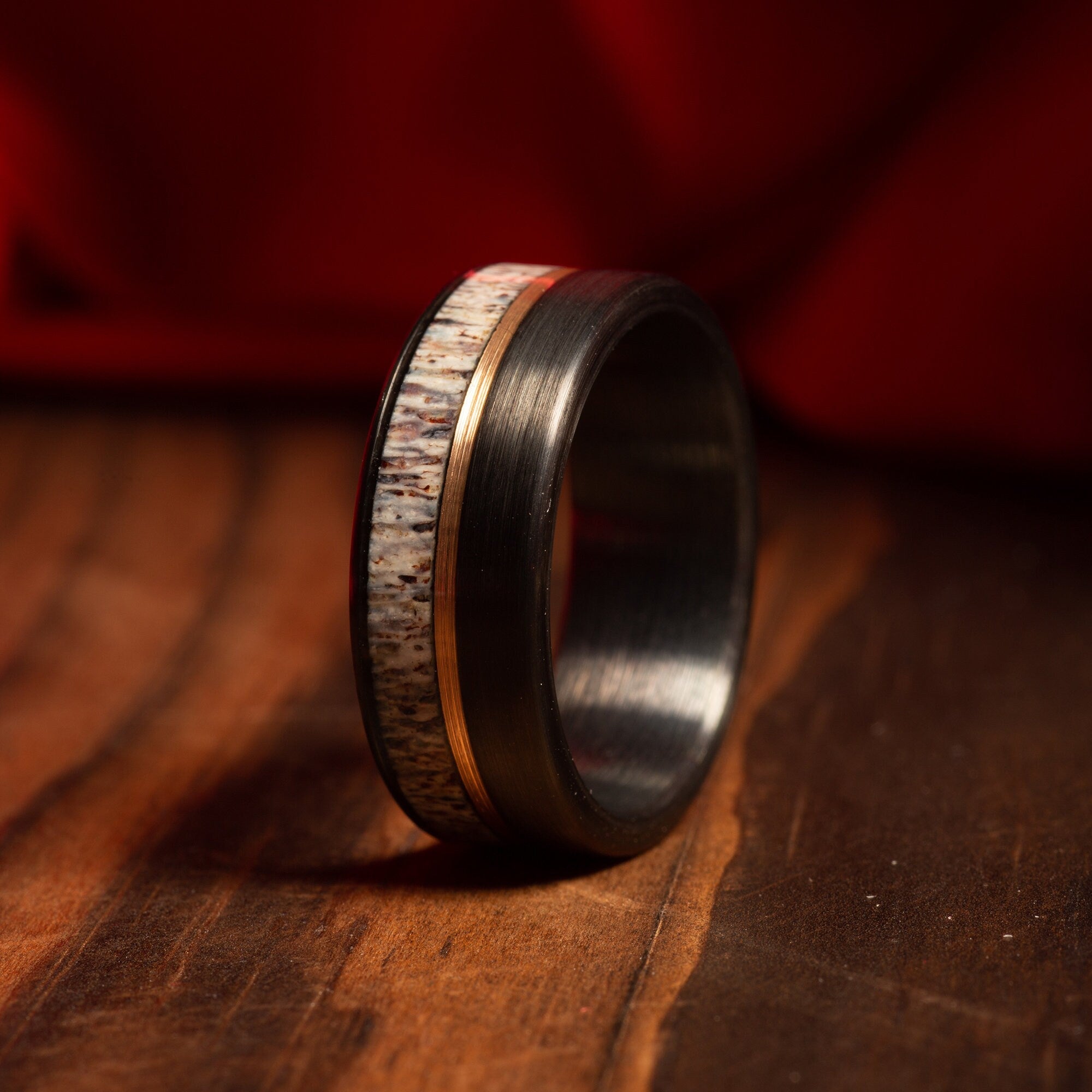 Deer Antler Rose Gold Strip Wedding Band for Men | 8mm Black Tungsten Ring