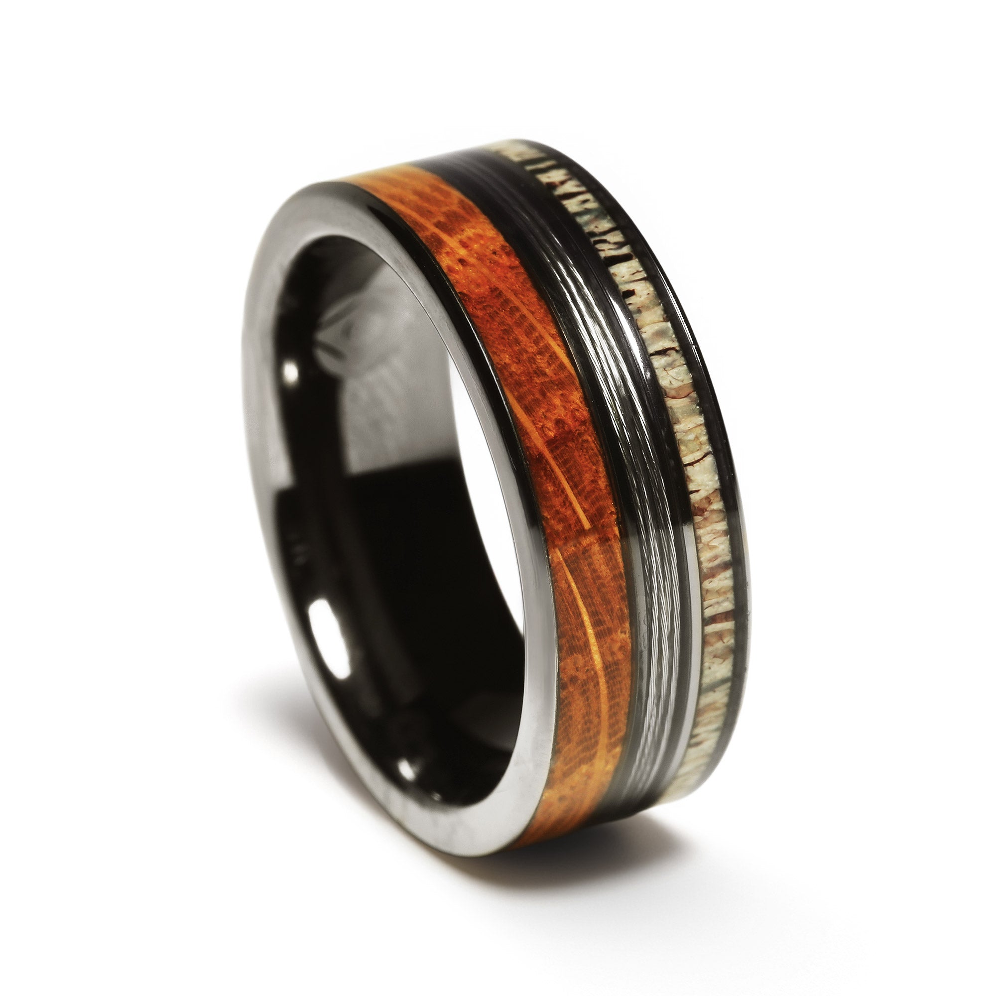 Whiskey Barrel Deer Antler Fishing Line Wedding Band for Men | 8mm Black Tungsten Ring