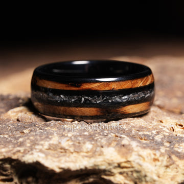 Whiskey Barrel Meteorite Wedding Band for Men | 8mm Domed Black Tungsten Ring 4