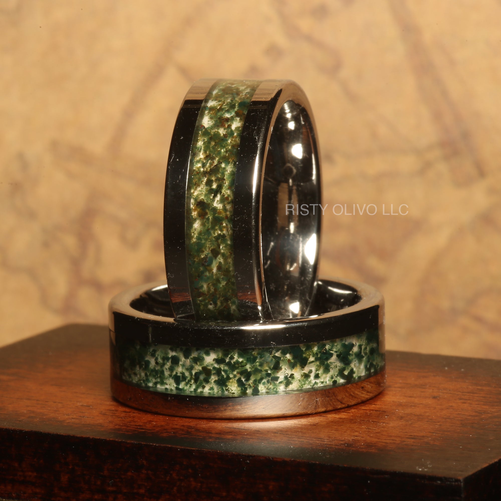 Polished Moss Agate Wedding Band for Men | 8mm Silver Tungsten Ring