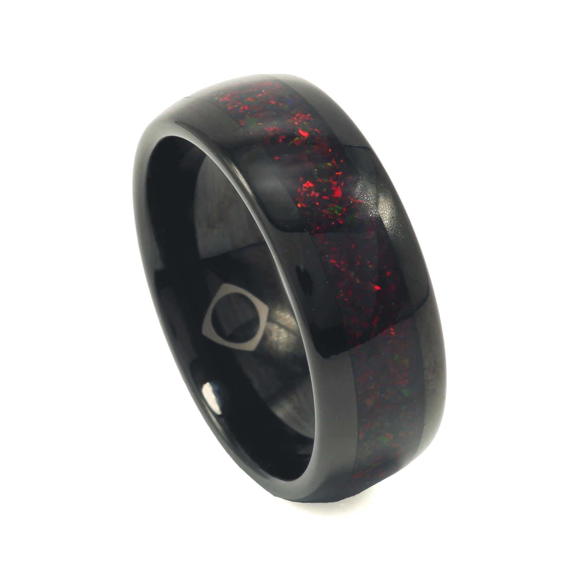 Fire Opal Wedding Band for Men | 8mm Polished Domed Tungsten Ring