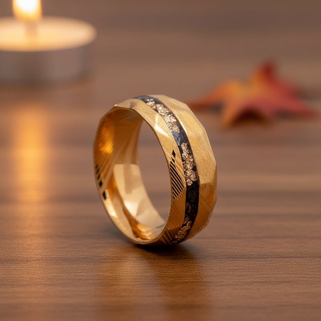 Men’s rare meteorite Damascus wedding band with black obsidian contrast