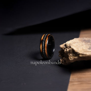 Whiskey Barrel Meteorite Wedding Band for Men | 8mm Domed Black Tungsten Ring 8