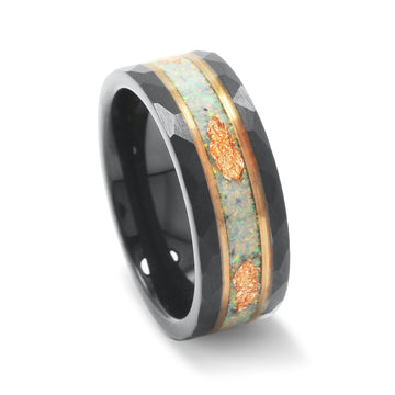 White Opal Gold Leaf Wedding Band for Men | 8mm Black Hammered Tungsten Ring 7
