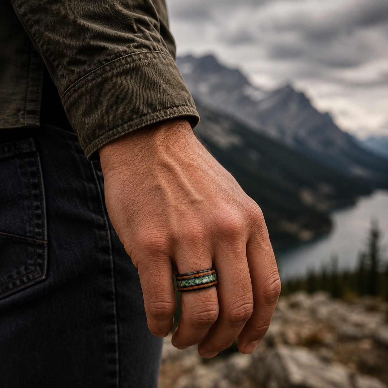 Whiskey Barrel Moss Agate Wedding Band for Men | 8mm Black Tungsten Ring