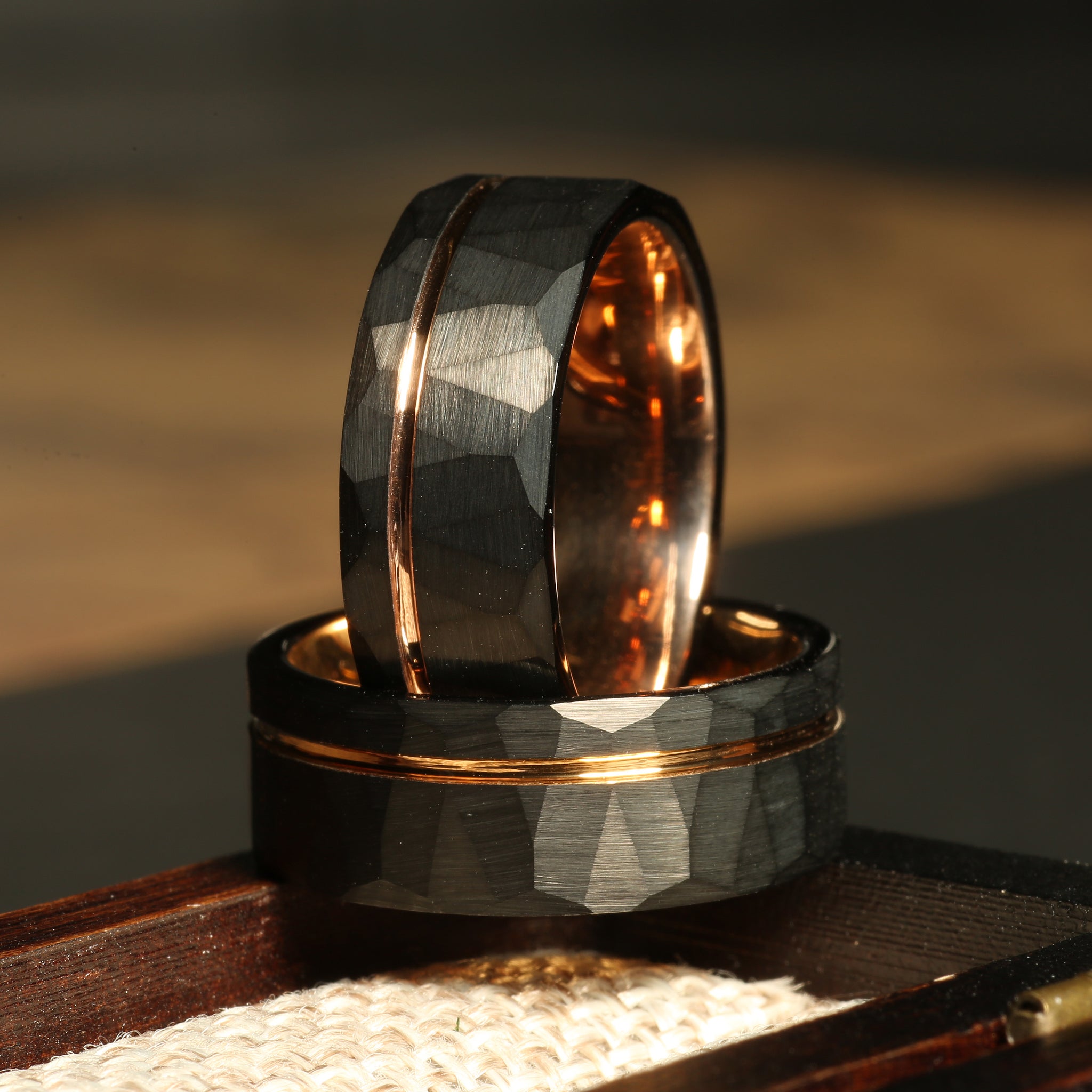 Rose Gold Strip Wedding Band for Men | 8mm Hammered Tungsten Ring