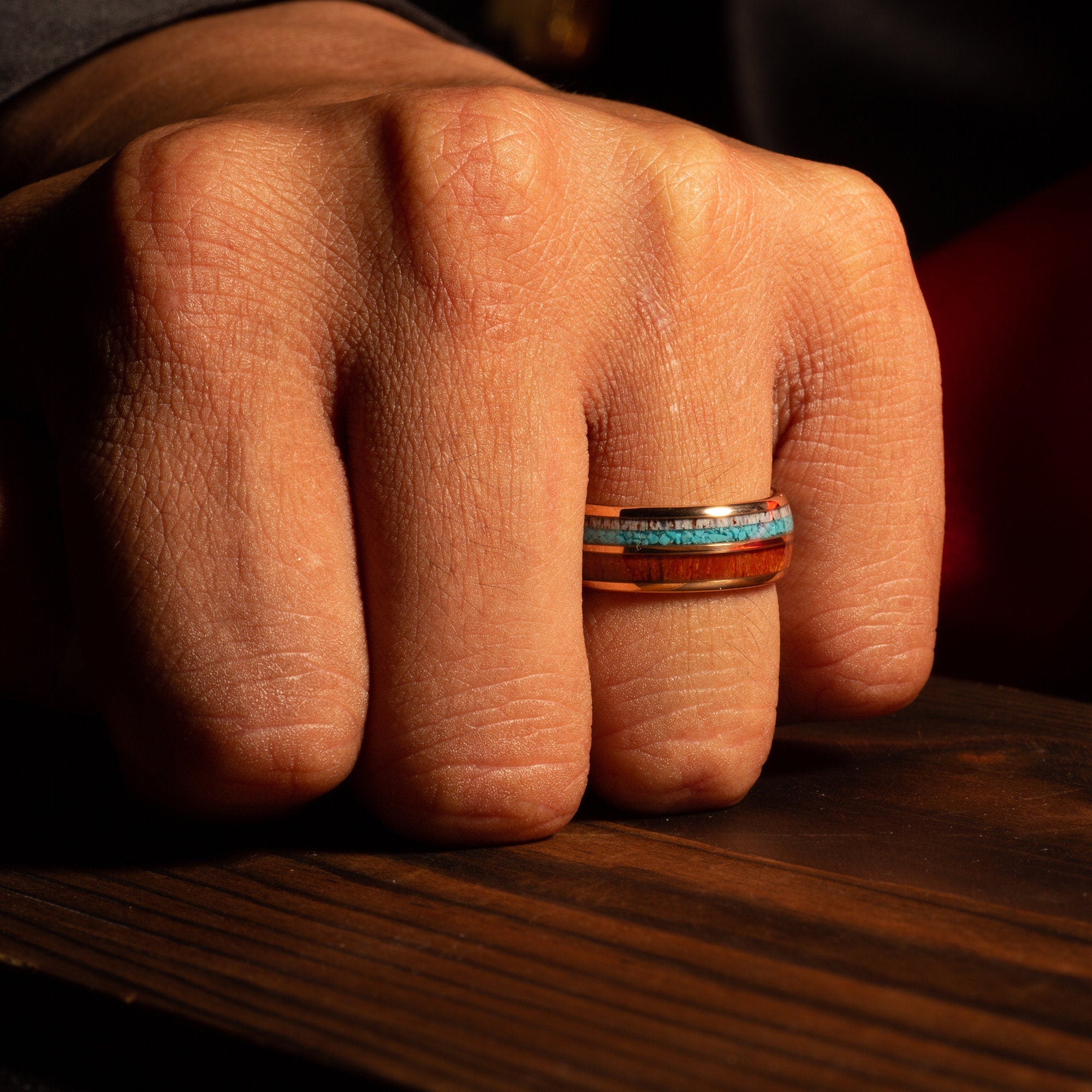 Koa Wood Deer Antler Turquoise Wedding Band for Men | 8mm Rose Gold Tungsten Ring