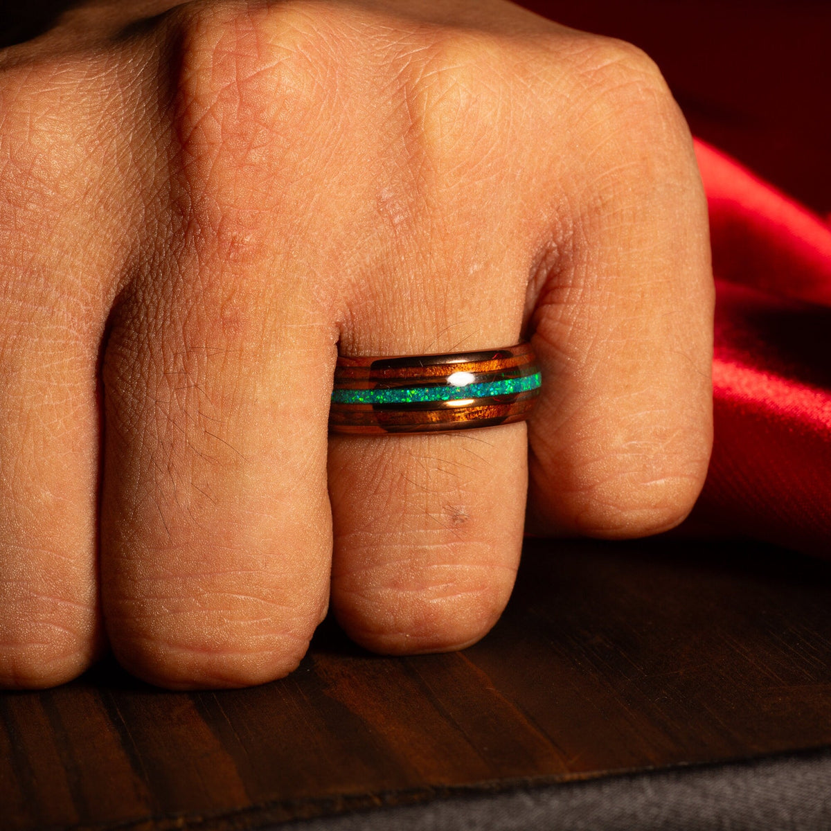 Men’s rose gold tungsten ring with koa wood and blue green opal