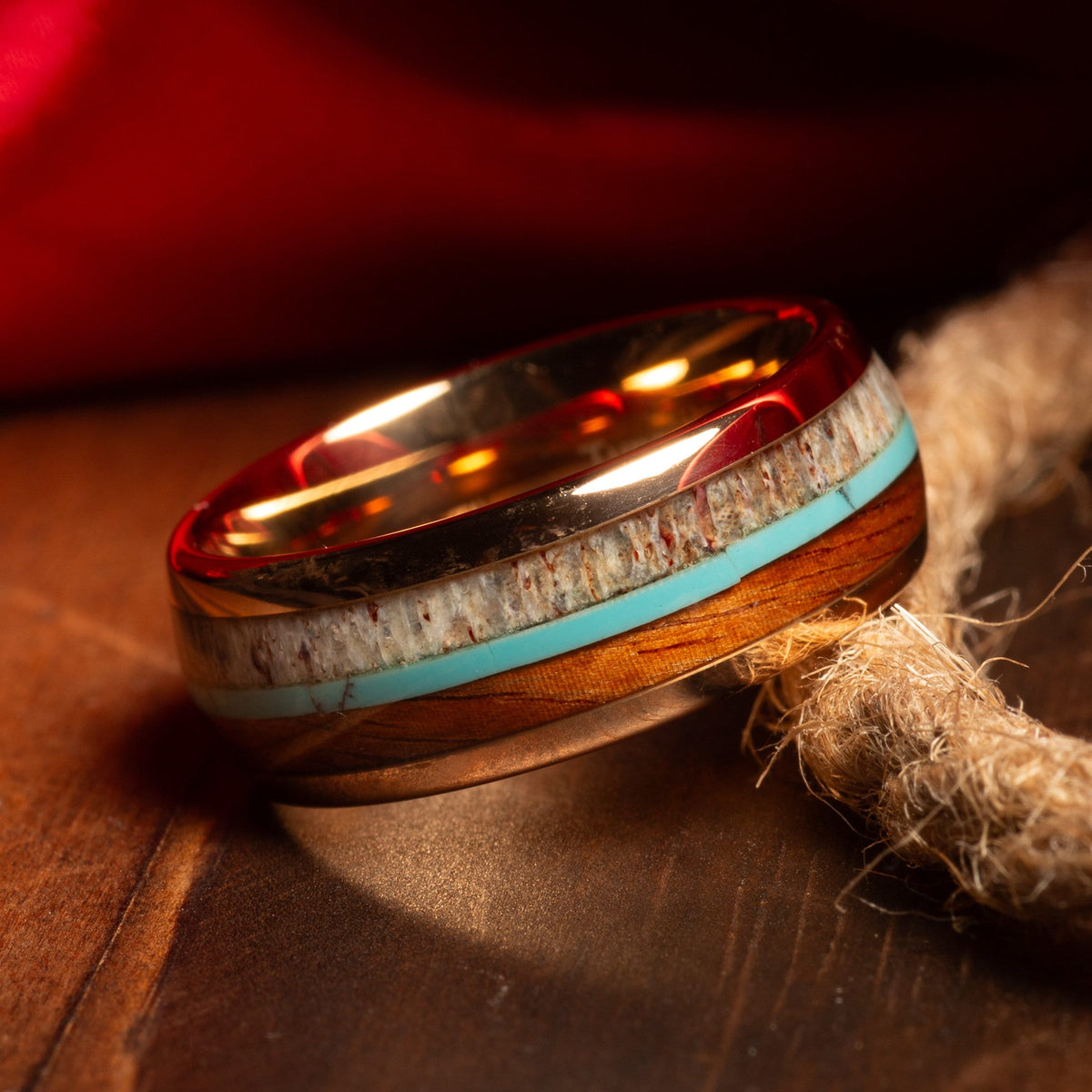 Men’s rose gold tungsten ring with koa wood turquoise and antler