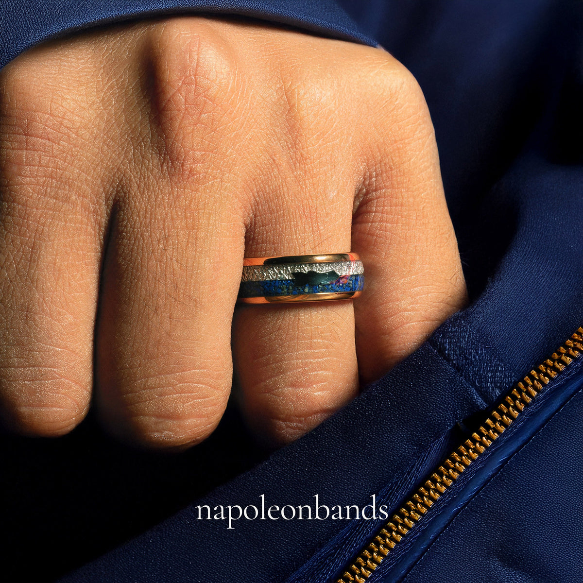 Men’s rose gold tungsten ring with meteorite and lapis lazuli