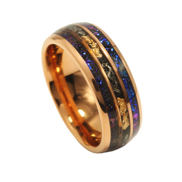 Meteorite Blue Opal Gold Leaf Wedding Band for Men | 8mm Rose Gold Tungsten Ring 3