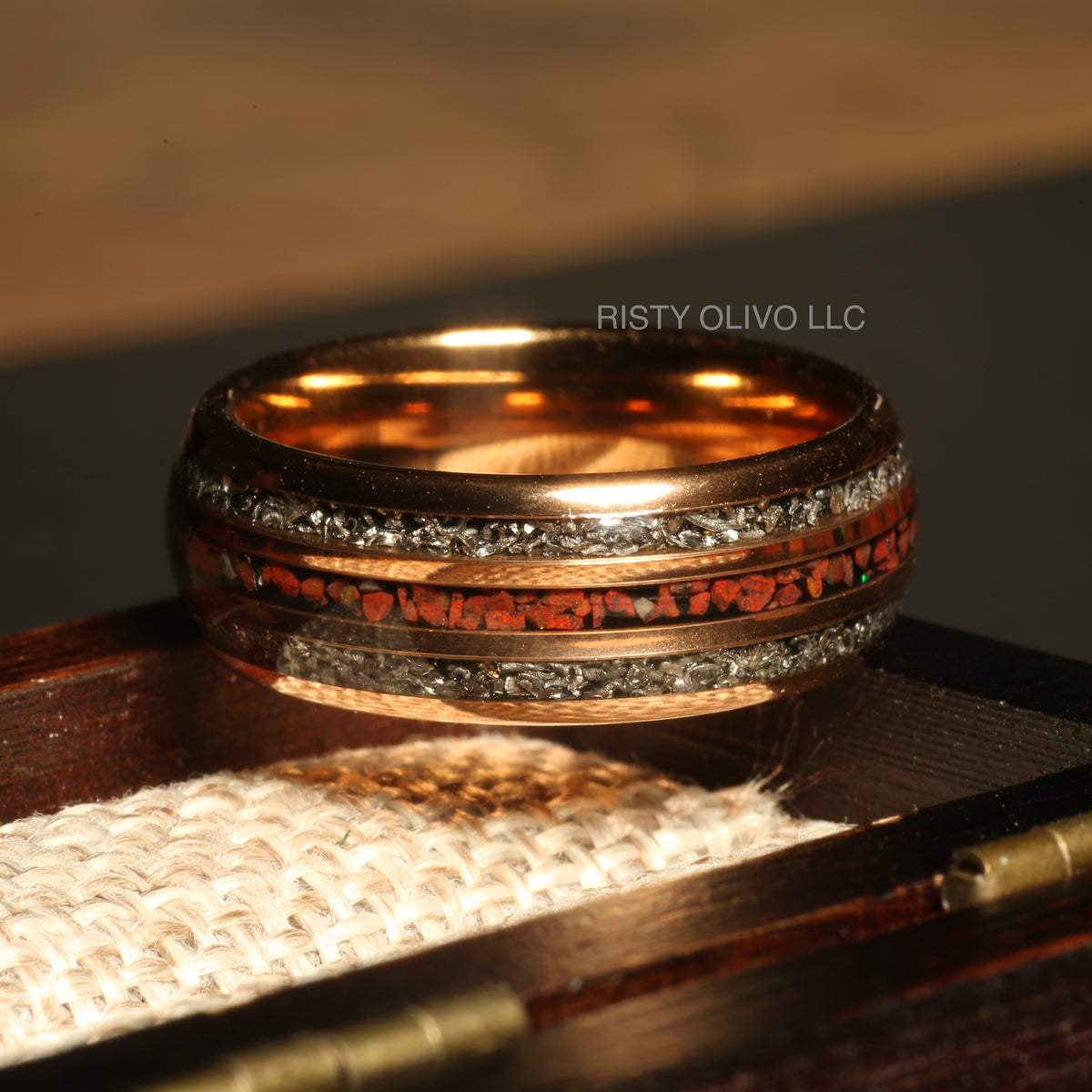 Men’s rose gold tungsten ring with meteorite and dinosaur bone