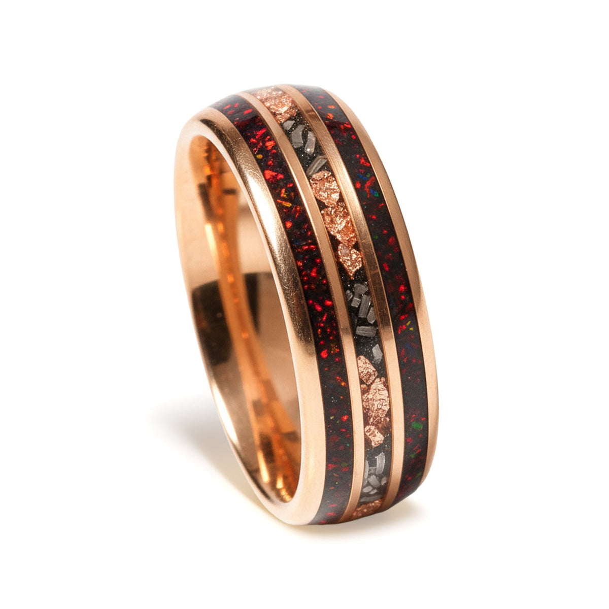 Men’s rose gold tungsten ring with meteorite gold leaf and garnet