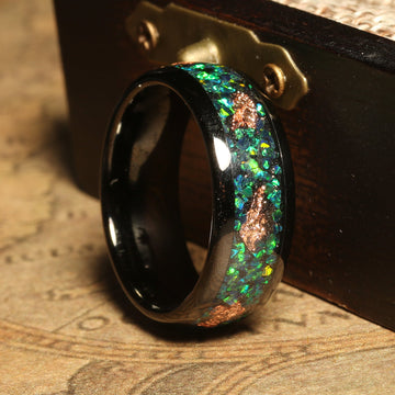 8mm Meteorite & Gold Leaf & Rose Gold Tungsten Wedding Band for Men, Rare Material Comfort Fit Ring, Verdant Tide Design 3